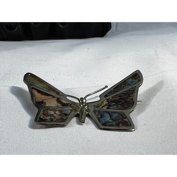 Vintage Mexican Silver Butterfly Brooch Abalone Shell Inlay Stained Glass Look - Picture 15 of 16